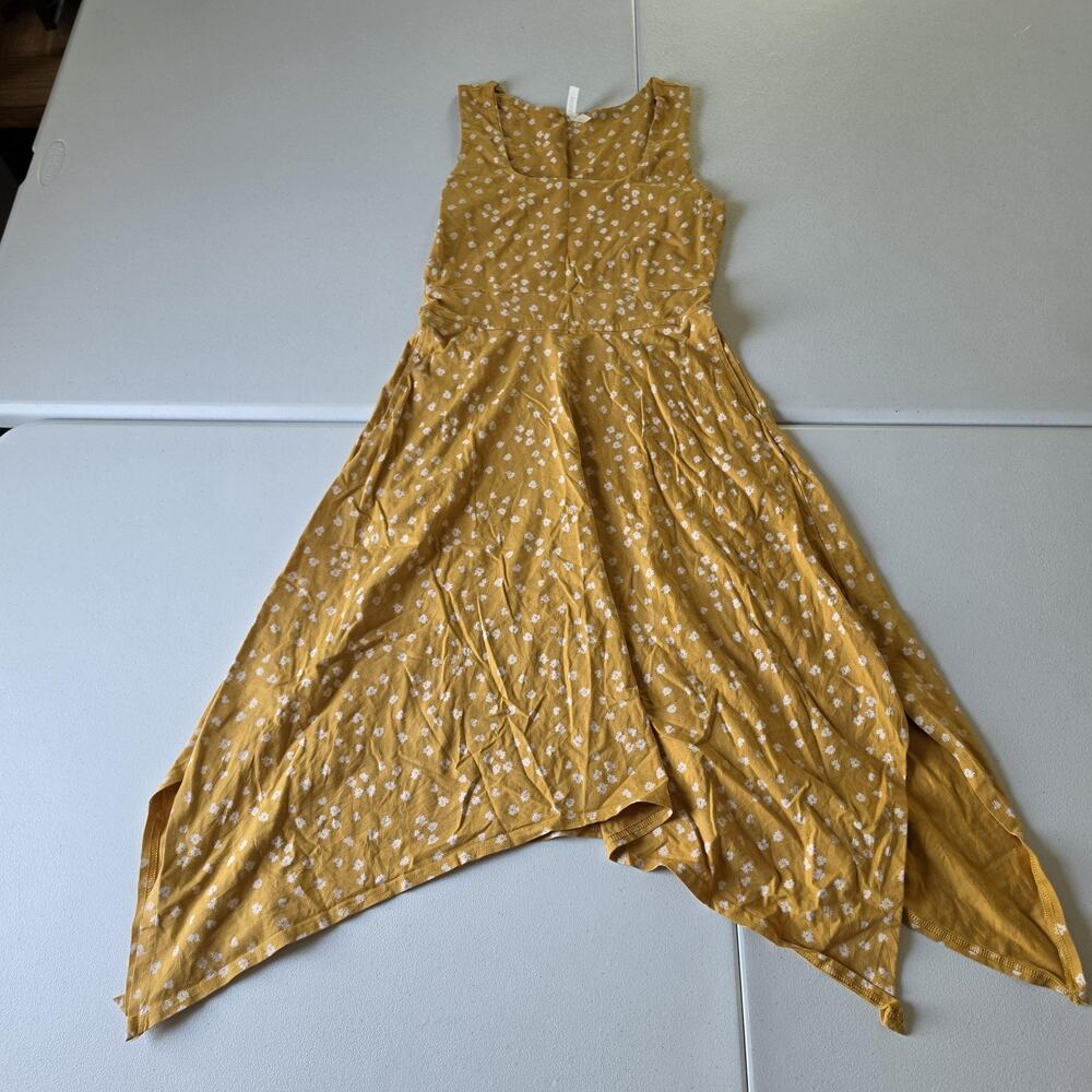 Pact Dress Womens Small Yellow Floral Organic Cotton Handkerchief Hem Sundress